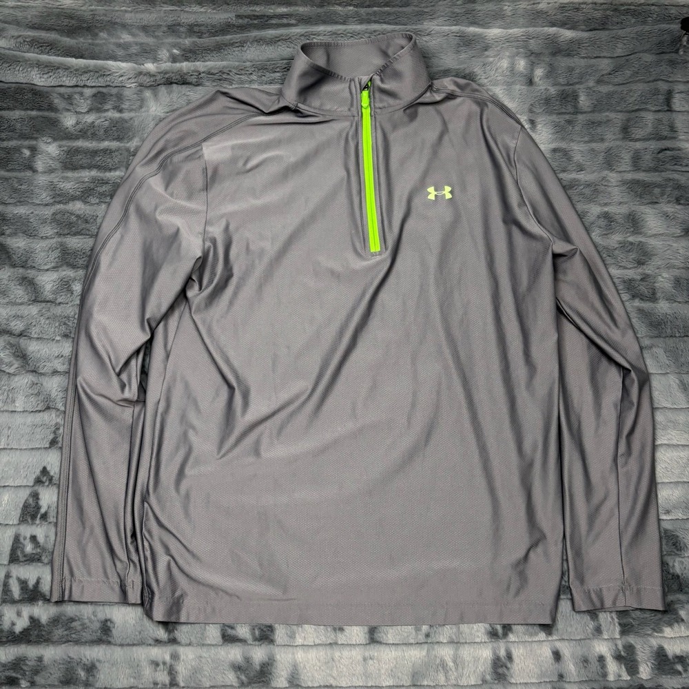 Under Armour Mens XL Gray Neon Green Quarter Zip Pullover Loose Fit Athletic Top